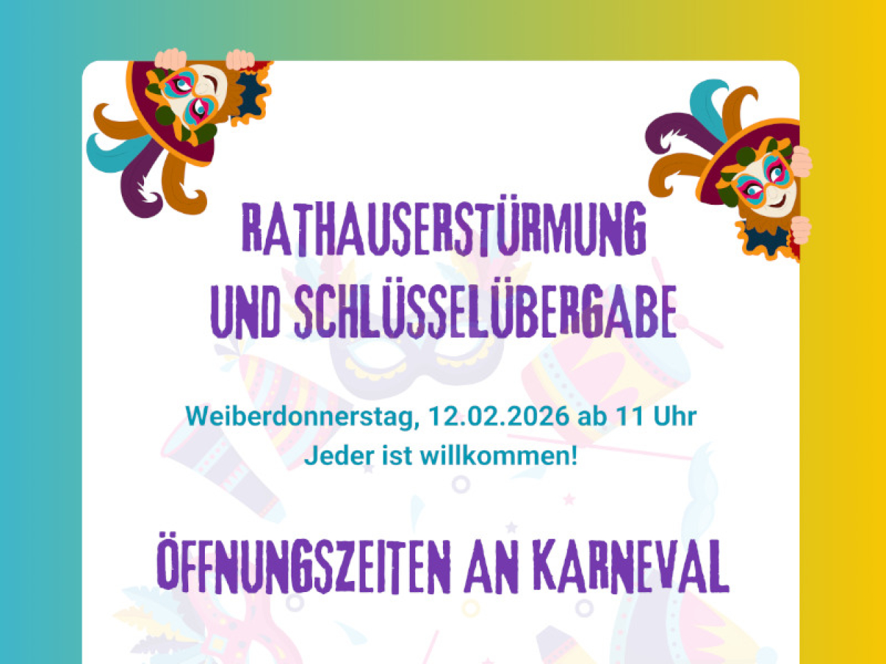 Vorschaubild Öffnungszeiten Karneval Zeller Stadtverwaltung 2026.