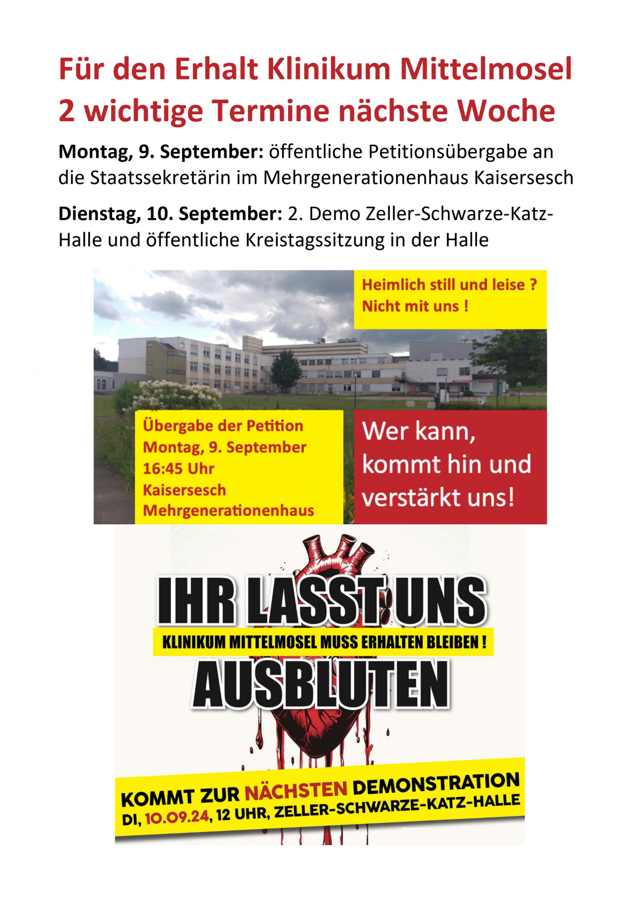 Plakat - Termine zum Erhalt des Klinikums Mittelmosel.