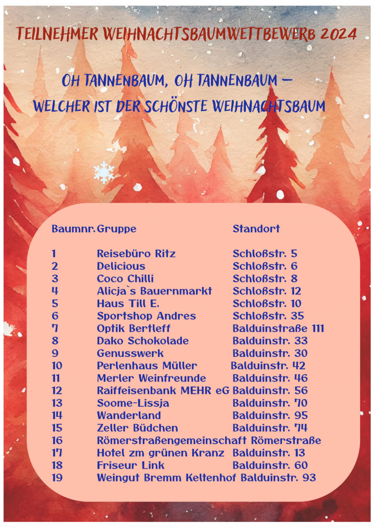 Aktuelle Liste der Teilnehmer beim Weihnachtsbaumwettbewerb 2024 in Zell Mosel.