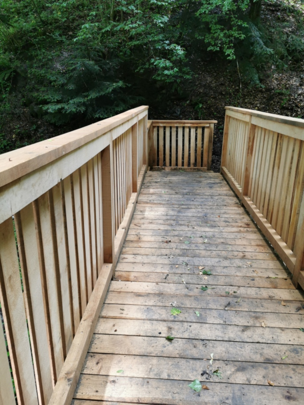Nahaufnahme der neuen Holzbrücke in der Liebesschlucht in Zell.