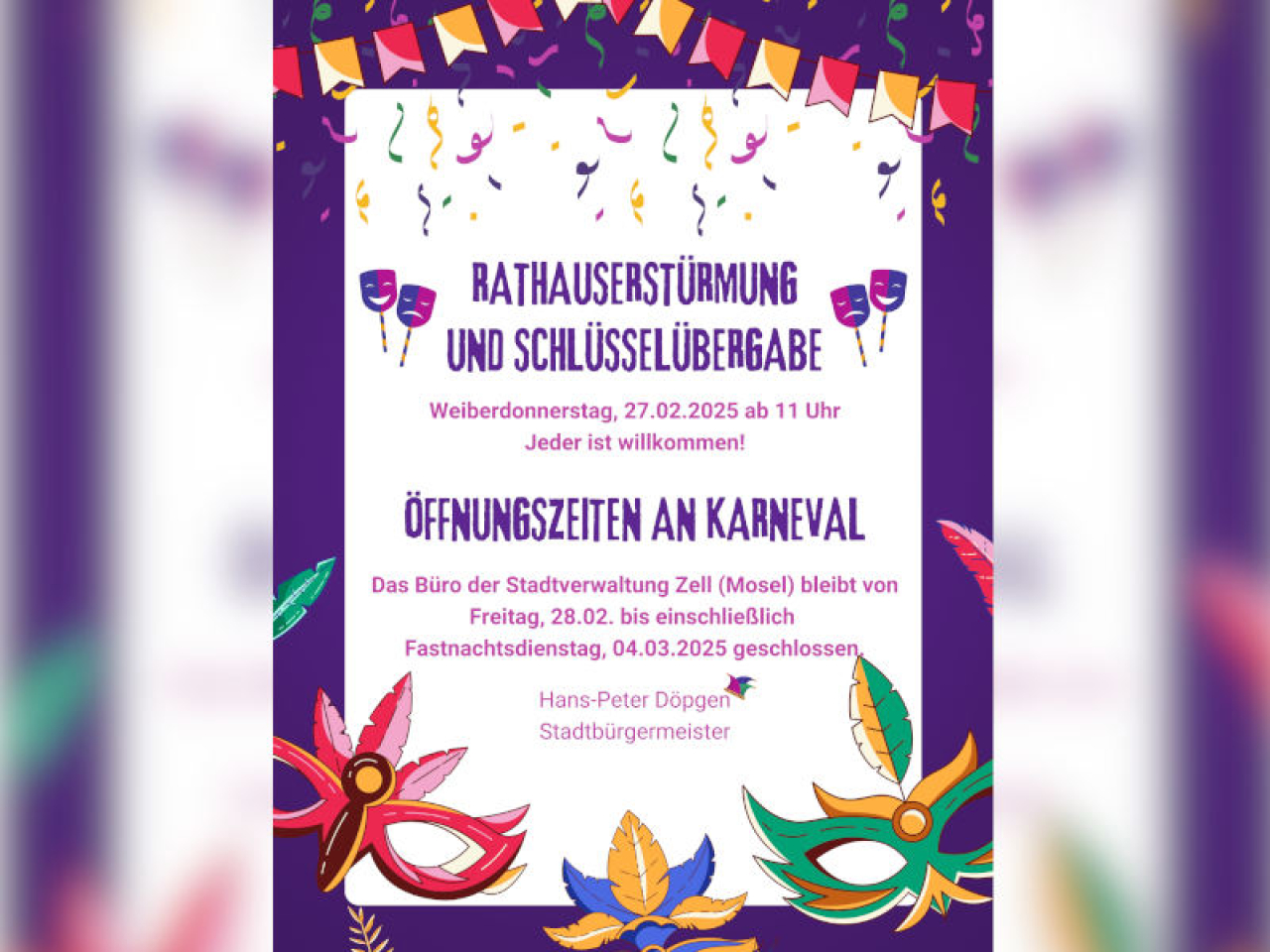 Vorschaubild zu den Öffnungszeiten der Stadtverwaltung Zell an Karneval 2025.