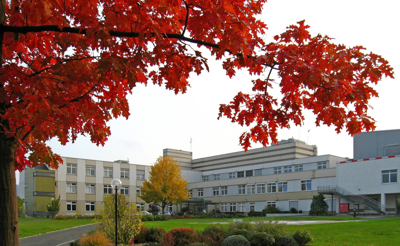 Blick auf das Zeller Krankenhaus im Herbst.